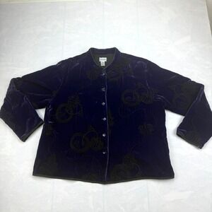 Chico's Velvet Jacket Womens 3 Purple Embroidered Floral Silk Blend Button Front